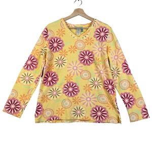 Fresh Produce Yellow Floral print Long Sleeve Blouse Shirt Size M Cotton V-neck